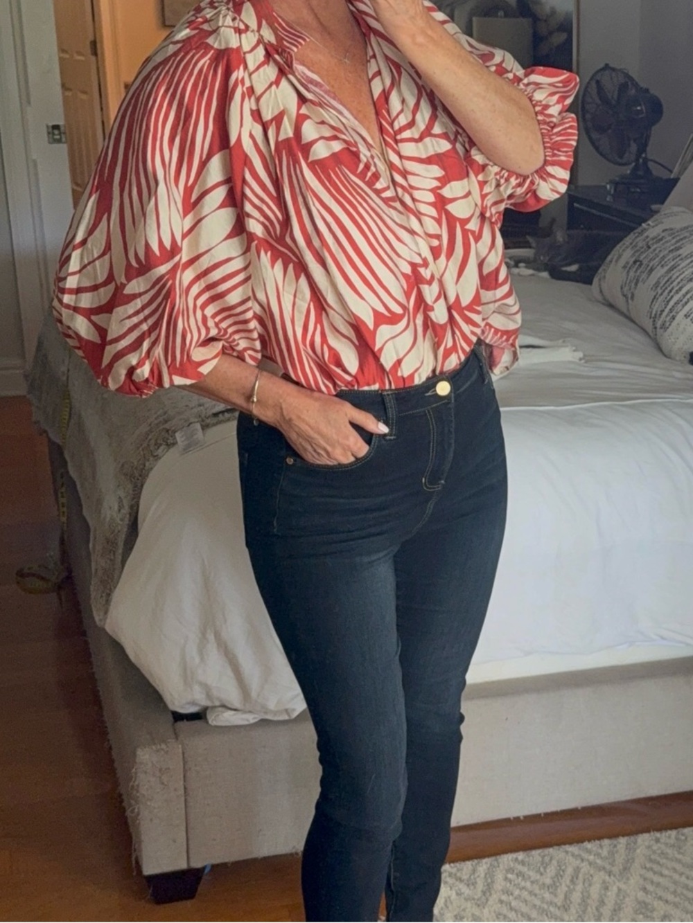 H&M Red and White Striped Leaf-Pattern Blouse in size 10 - Picture 3 of 7